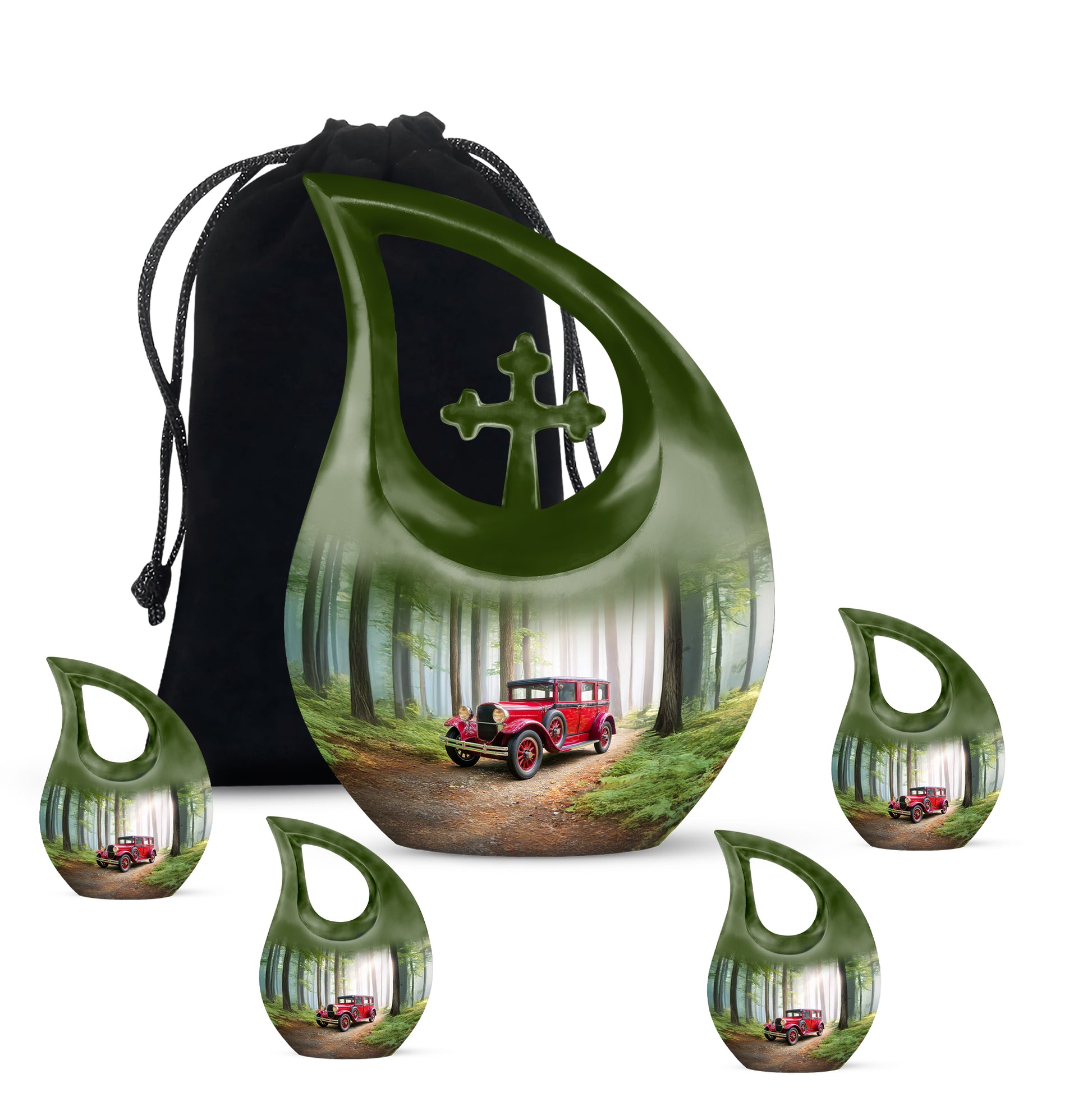 Verdant Green Car Cremation Urn urn with complimentary velvet bag - sacred cross merged with car motif on metal - memorial set with one large and four small urns