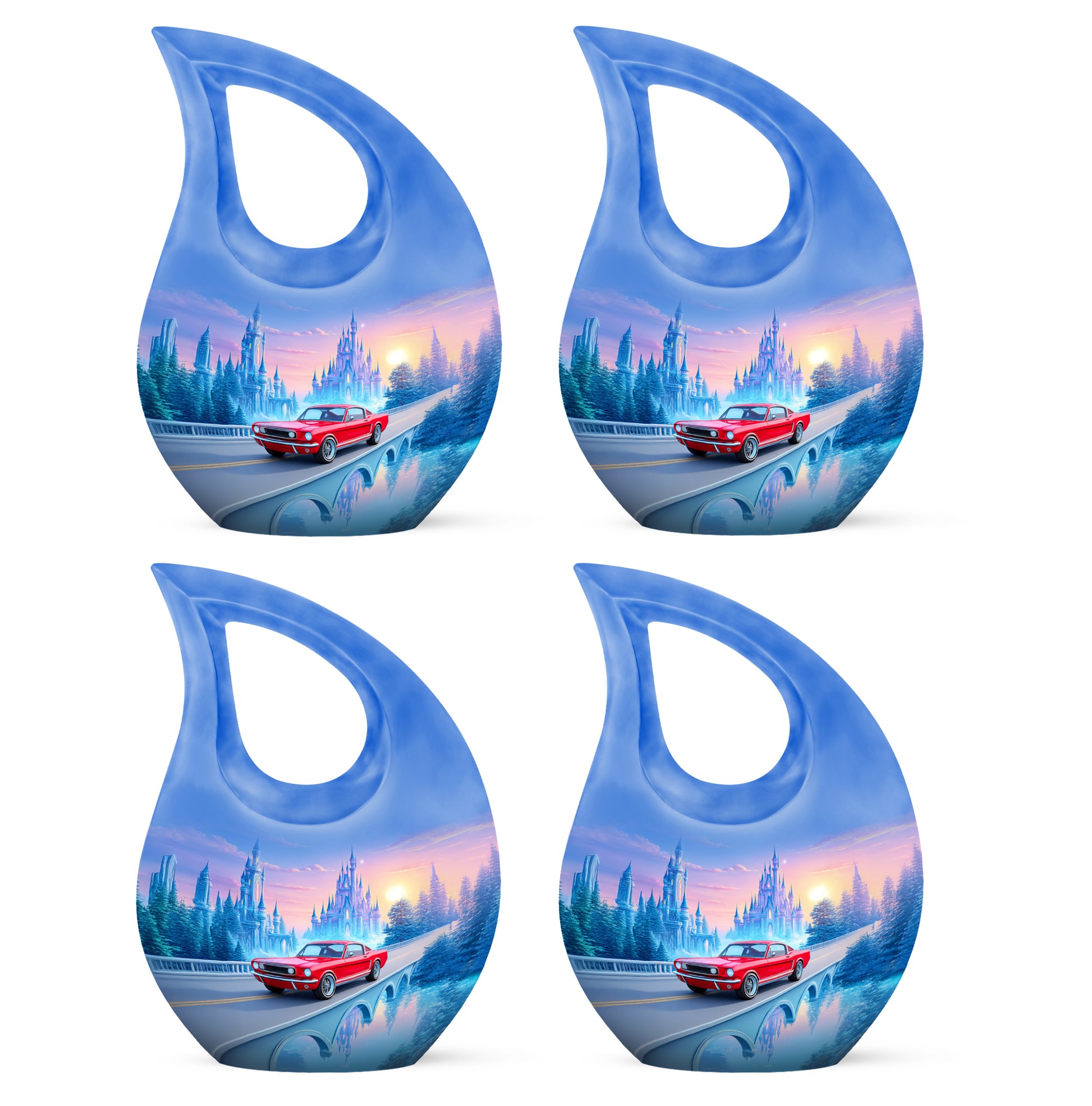 Vivid Blue Car Cremation Urn lifestyle display on memorial shelf - devotional cross-drop car engraving - 10 inch aluminum urn for cremated remains