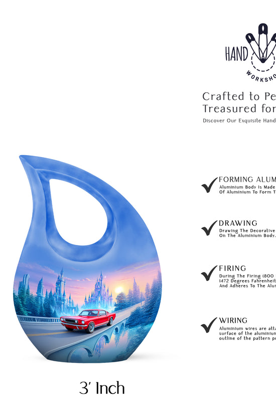 Misty Blue Car Cremation Urn back view with polished surface - cross and car combined in spiritual memorial design - mini keepsake memorial for portion of cremation ashes
