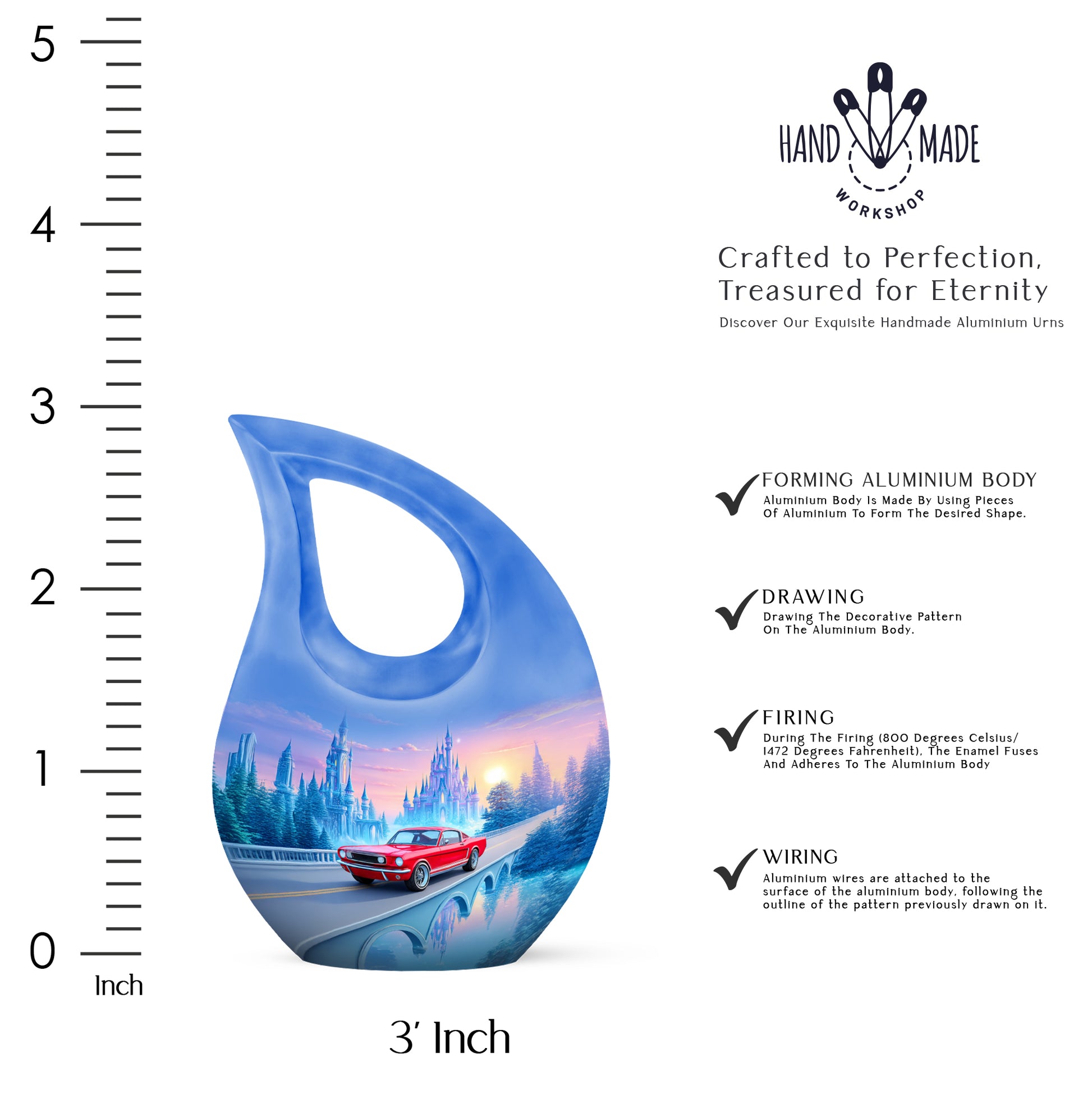 Misty Blue Car Cremation Urn back view with polished surface - cross and car combined in spiritual memorial design - mini keepsake memorial for portion of cremation ashes