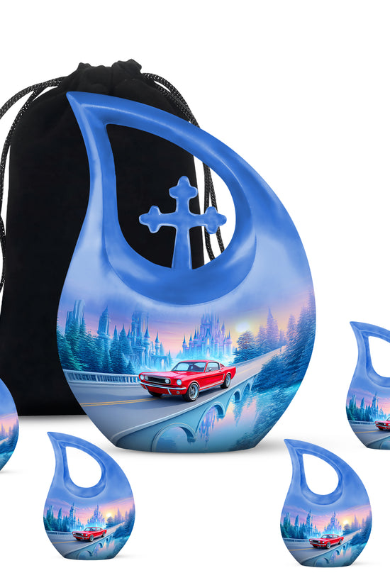 Vivid Blue Car Cremation Urn urn with complimentary velvet bag - devotional cross-drop car engraving - memorial set with one large and four small urns