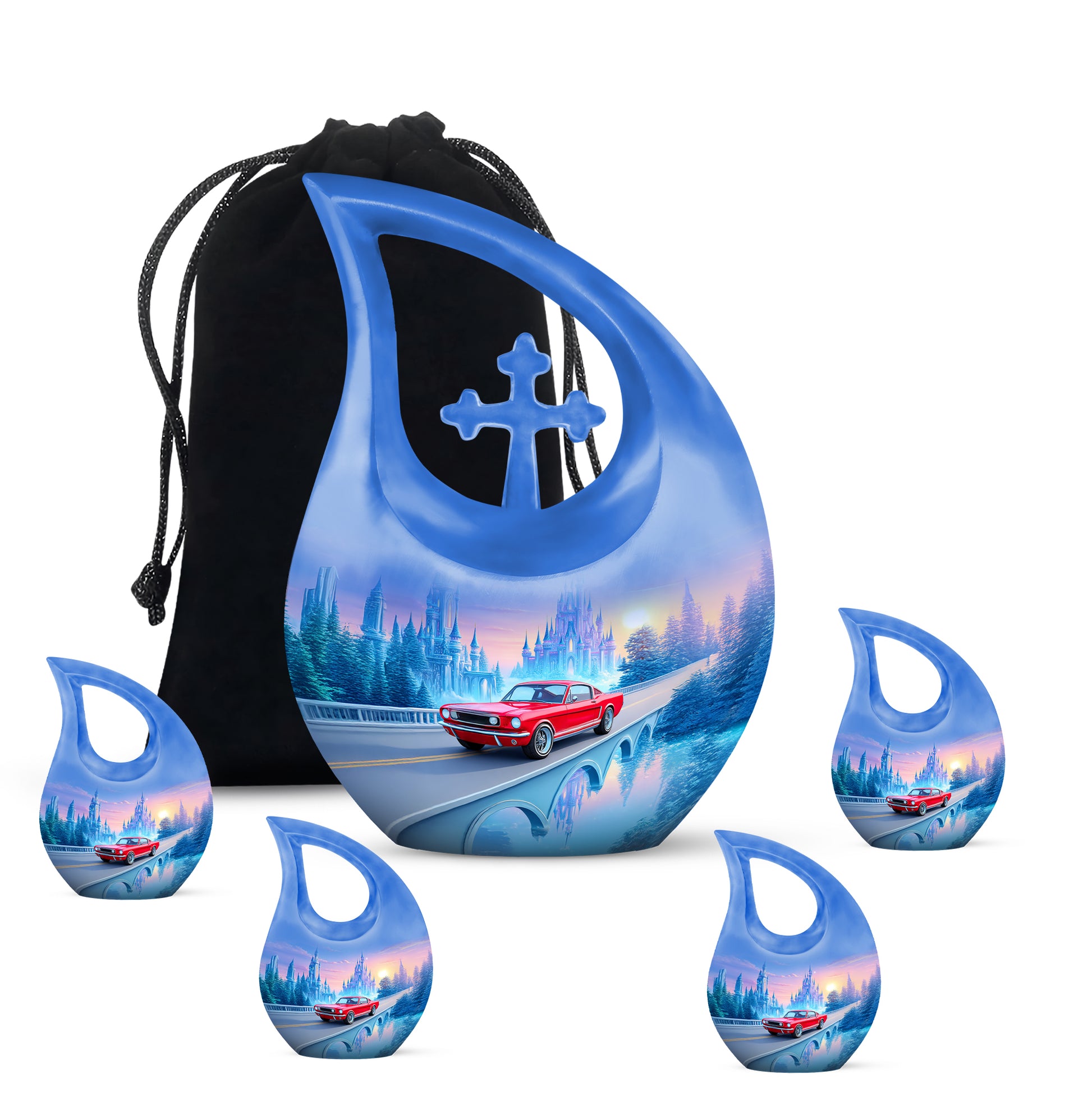 Vivid Blue Car Cremation Urn urn with complimentary velvet bag - devotional cross-drop car engraving - memorial set with one large and four small urns