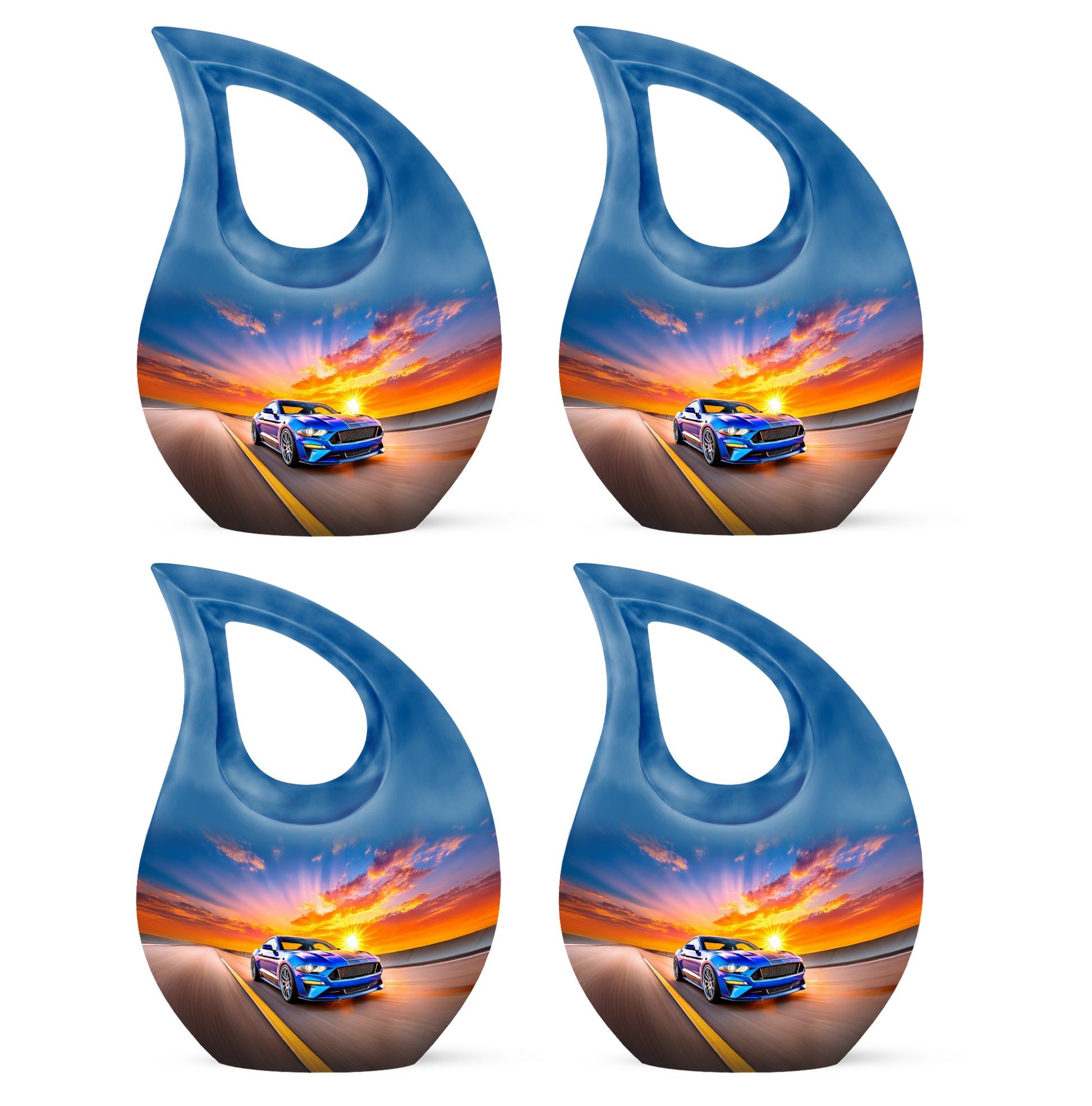 Slate Blue Car Cremation Urn lifestyle display on memorial shelf - cross and car combined in spiritual memorial design - 10 inch aluminum urn for cremated remains