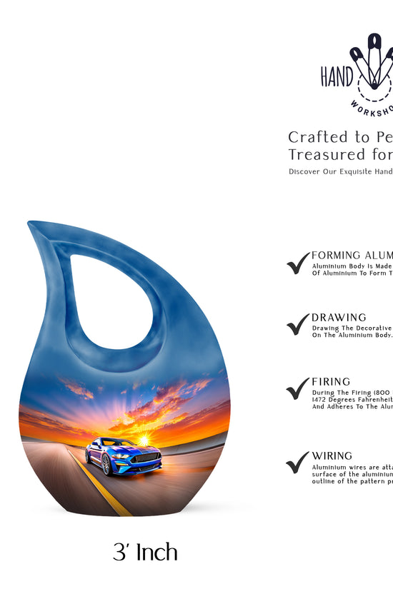 Icy Blue Car Cremation Urn back view with polished surface - sacred cross merged with car motif on metal - mini keepsake memorial for portion of cremation ashes