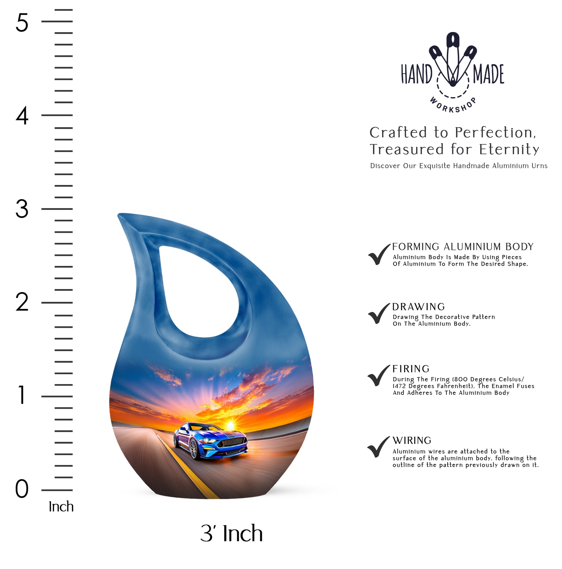 Icy Blue Car Cremation Urn back view with polished surface - sacred cross merged with car motif on metal - mini keepsake memorial for portion of cremation ashes