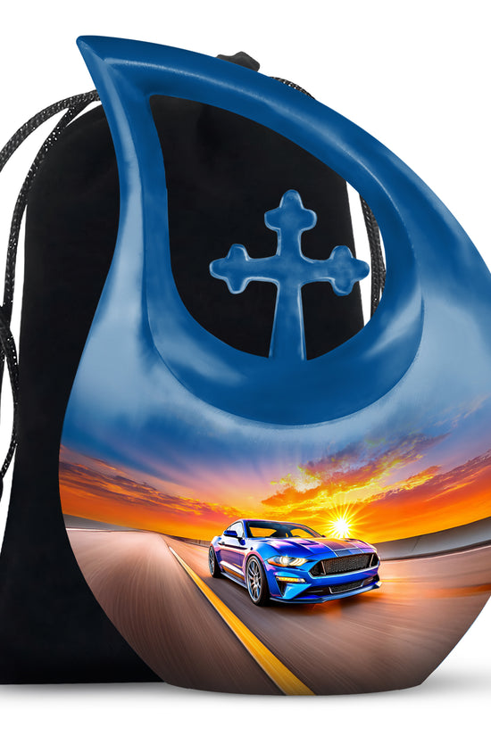 Indigo Car Cremation Urn top-down view of secure threaded lid - sacred cross merged with car motif on metal - full-size 10 inch 200 cubic inch adult cremation urn