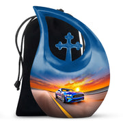 Indigo Car Cremation Urn top-down view of secure threaded lid - sacred cross merged with car motif on metal - full-size 10 inch 200 cubic inch adult cremation urn