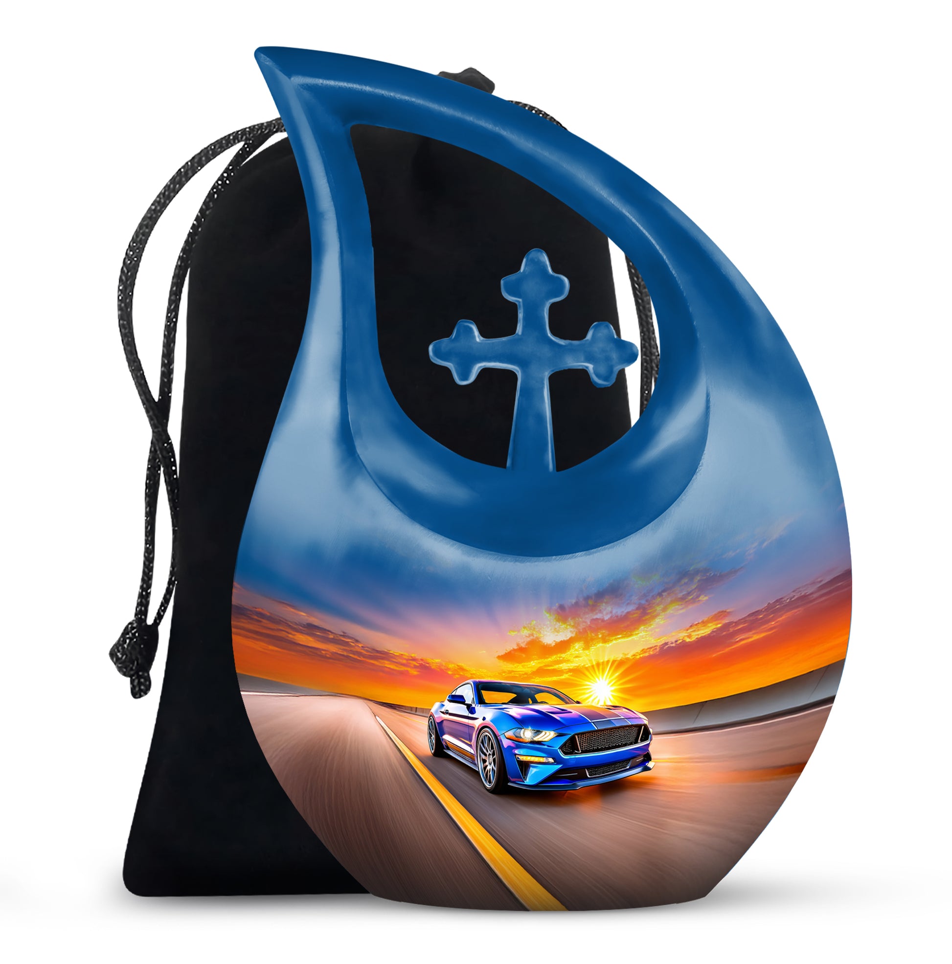 Indigo Car Cremation Urn top-down view of secure threaded lid - sacred cross merged with car motif on metal - full-size 10 inch 200 cubic inch adult cremation urn