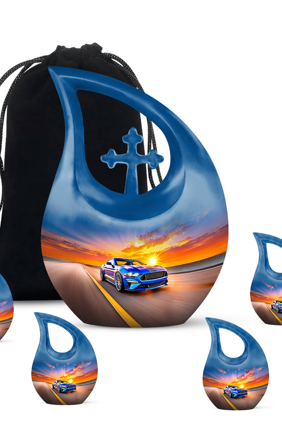 Misty Blue Car Cremation Urn urn with complimentary velvet bag - sacred cross merged with car motif on metal - memorial set with one large and four small urns