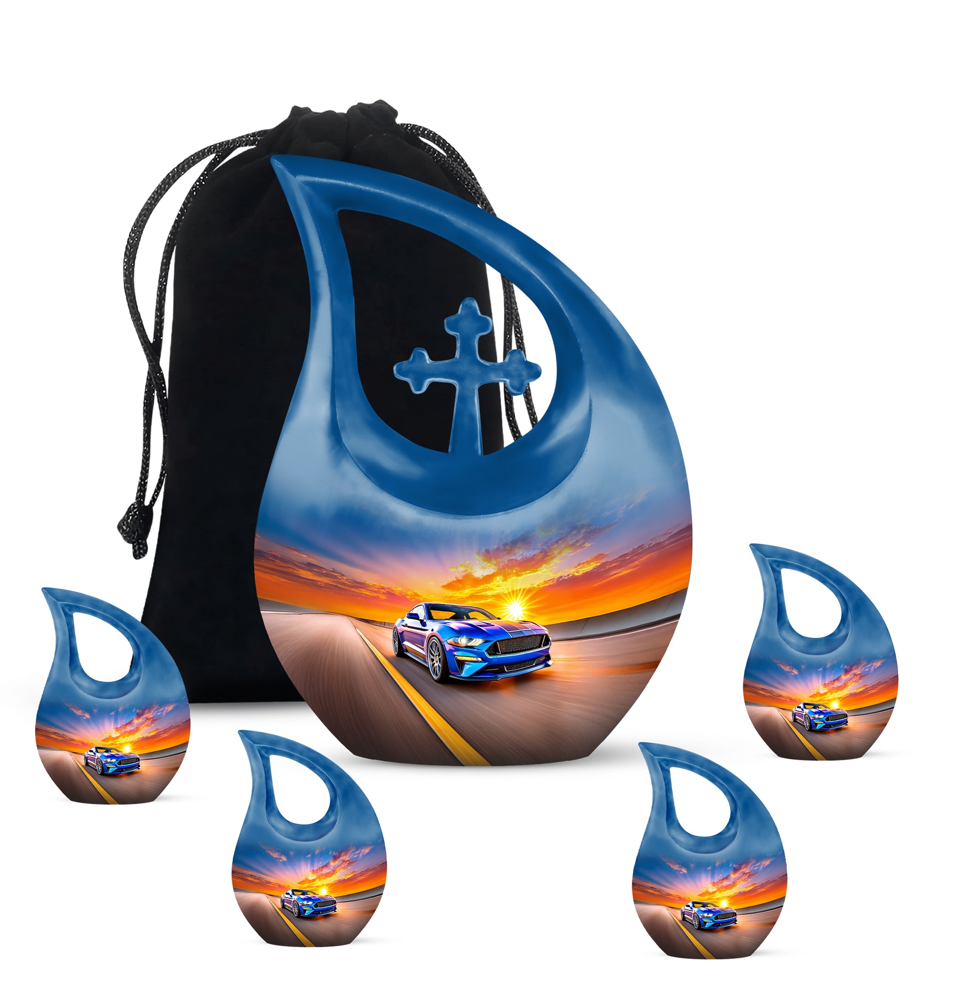 Misty Blue Car Cremation Urn urn with complimentary velvet bag - sacred cross merged with car motif on metal - memorial set with one large and four small urns