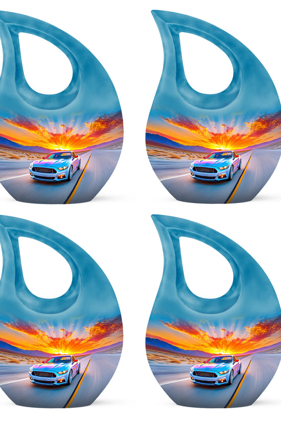Powder Blue Car Cremation Urn lifestyle display on memorial shelf - sacred cross merged with car motif on metal - 10 inch aluminum urn for cremated remains
