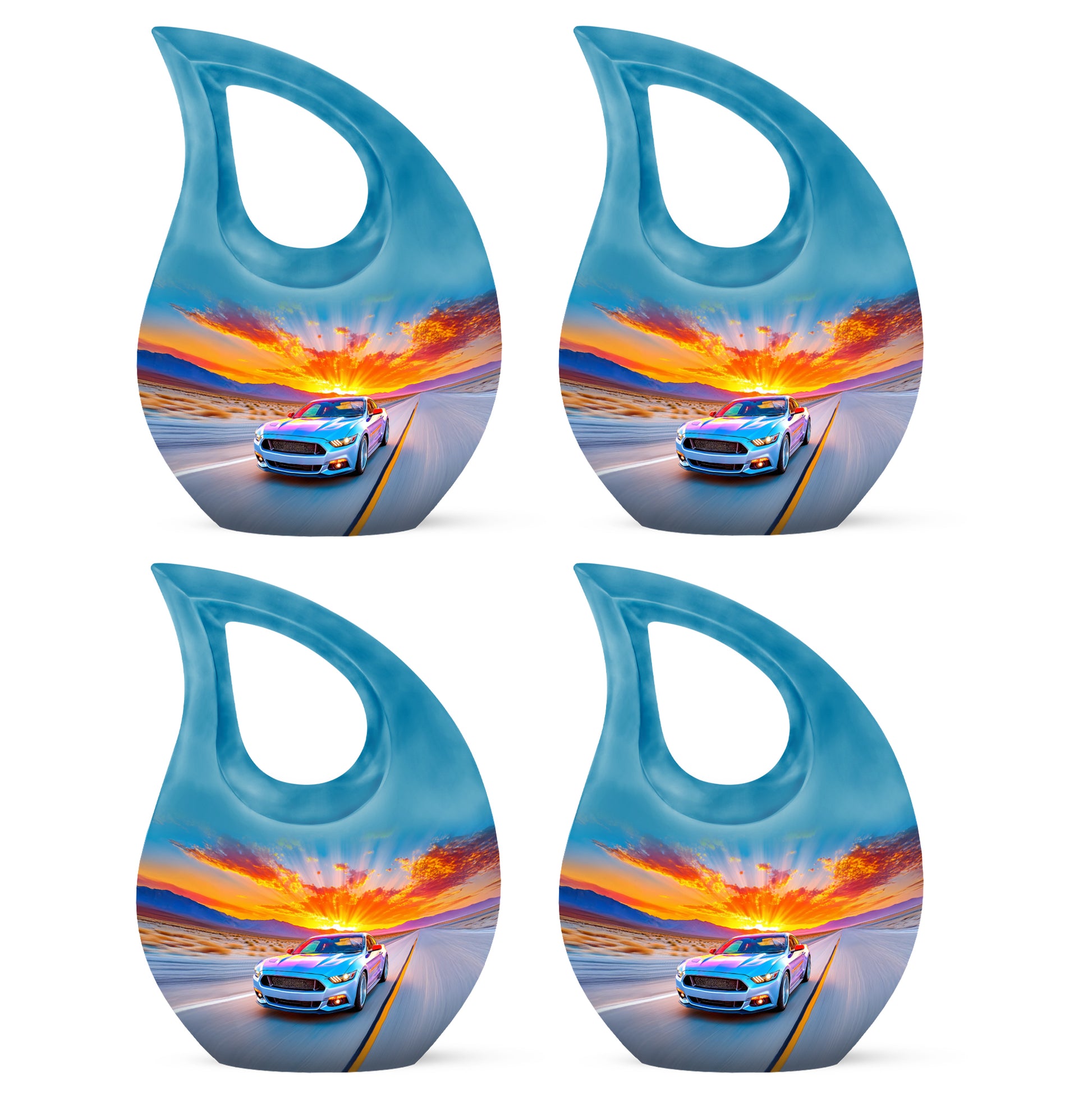 Powder Blue Car Cremation Urn lifestyle display on memorial shelf - sacred cross merged with car motif on metal - 10 inch aluminum urn for cremated remains