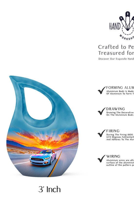 Twilight Blue Car Cremation Urn back view with polished surface - devotional cross-drop car engraving - mini keepsake memorial for portion of cremation ashes