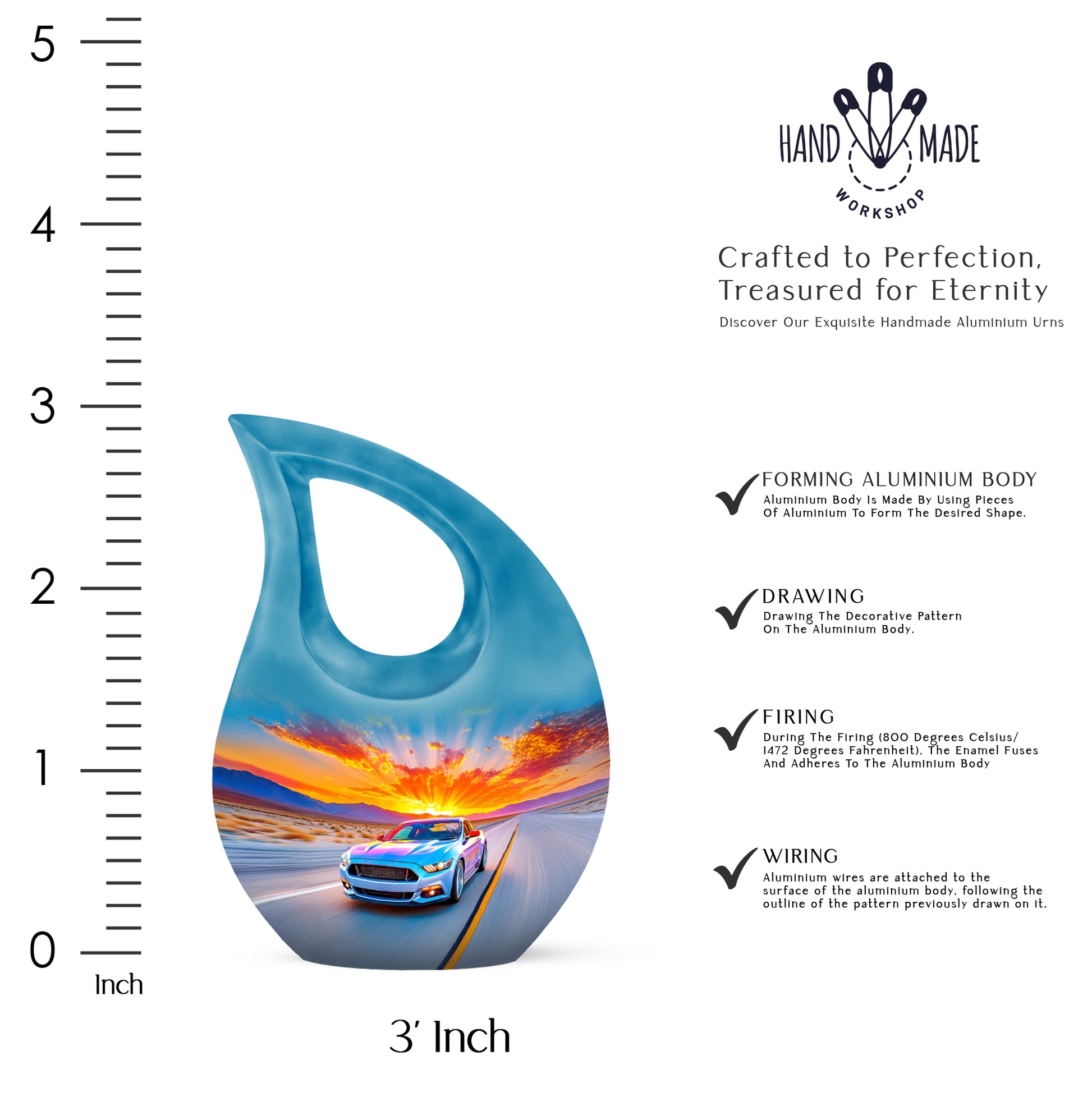 Twilight Blue Car Cremation Urn back view with polished surface - devotional cross-drop car engraving - mini keepsake memorial for portion of cremation ashes