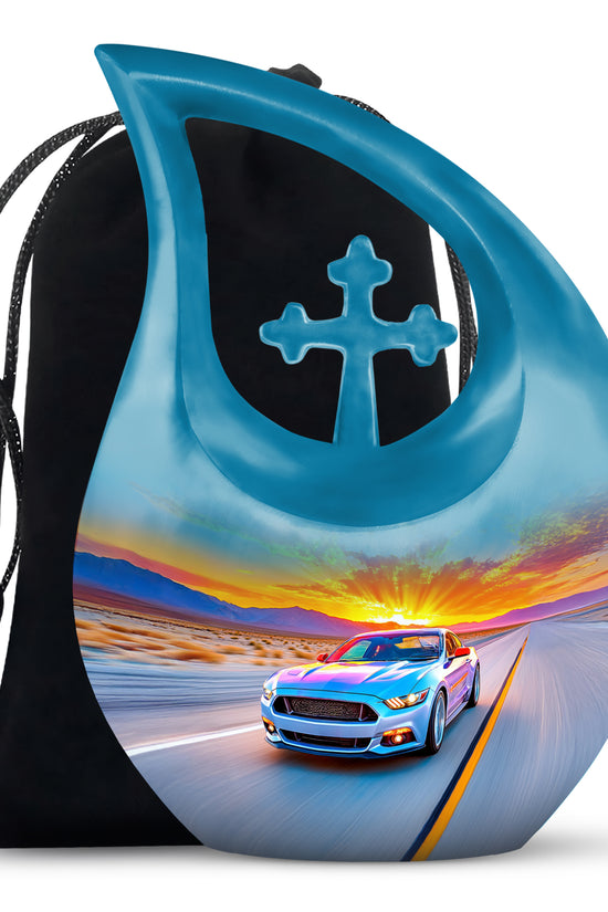 Slate Blue Car Cremation Urn top-down view of secure threaded lid - sacred cross merged with car motif on metal - full-size 10 inch 200 cubic inch adult cremation urn