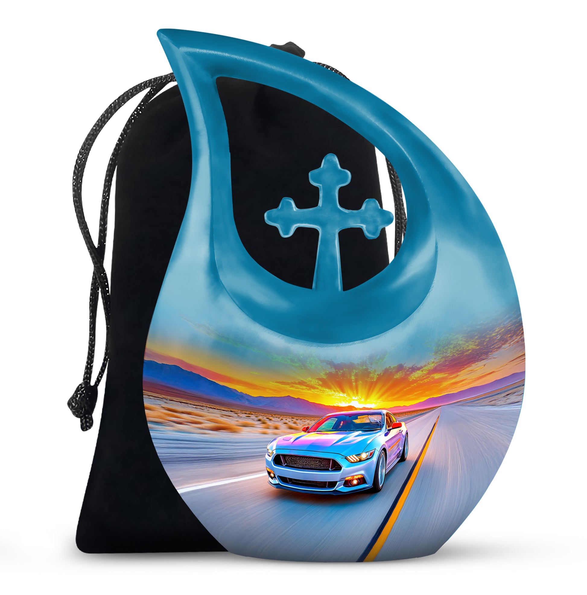 Slate Blue Car Cremation Urn top-down view of secure threaded lid - sacred cross merged with car motif on metal - full-size 10 inch 200 cubic inch adult cremation urn