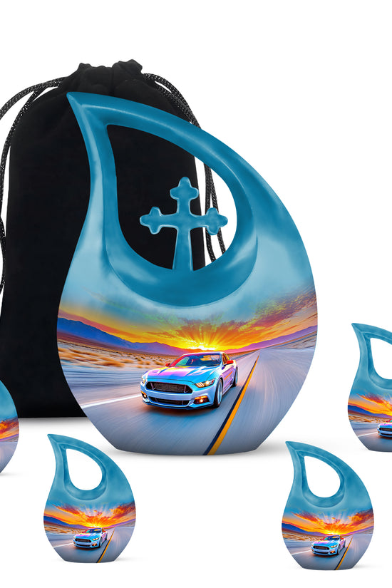 Azure Car Cremation Urn urn with complimentary velvet bag - cross and car combined in spiritual memorial design - memorial set with one large and four small urns