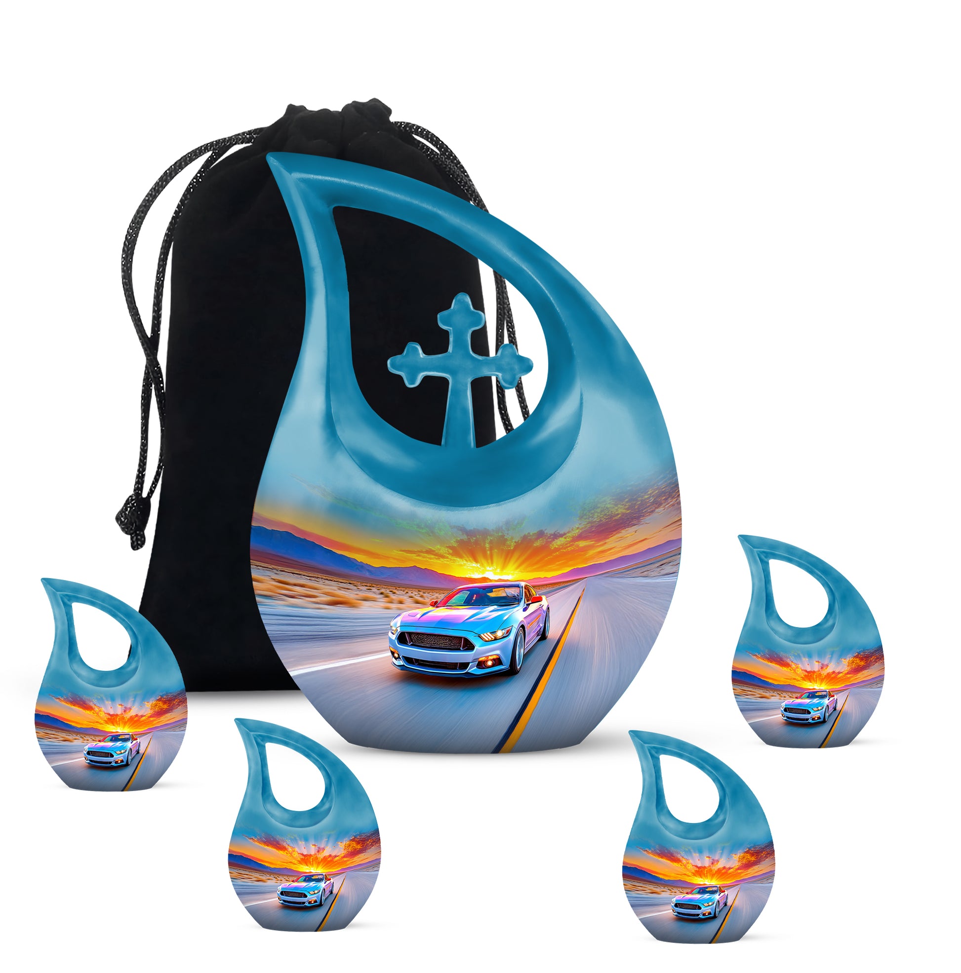 Azure Car Cremation Urn urn with complimentary velvet bag - cross and car combined in spiritual memorial design - memorial set with one large and four small urns