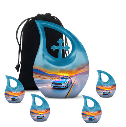 Azure Car Cremation Urn urn with complimentary velvet bag - cross and car combined in spiritual memorial design - memorial set with one large and four small urns