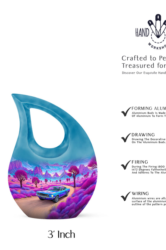 Twilight Blue Car Cremation Urn back view with polished surface - devotional cross-drop car engraving - mini keepsake memorial for portion of cremation ashes