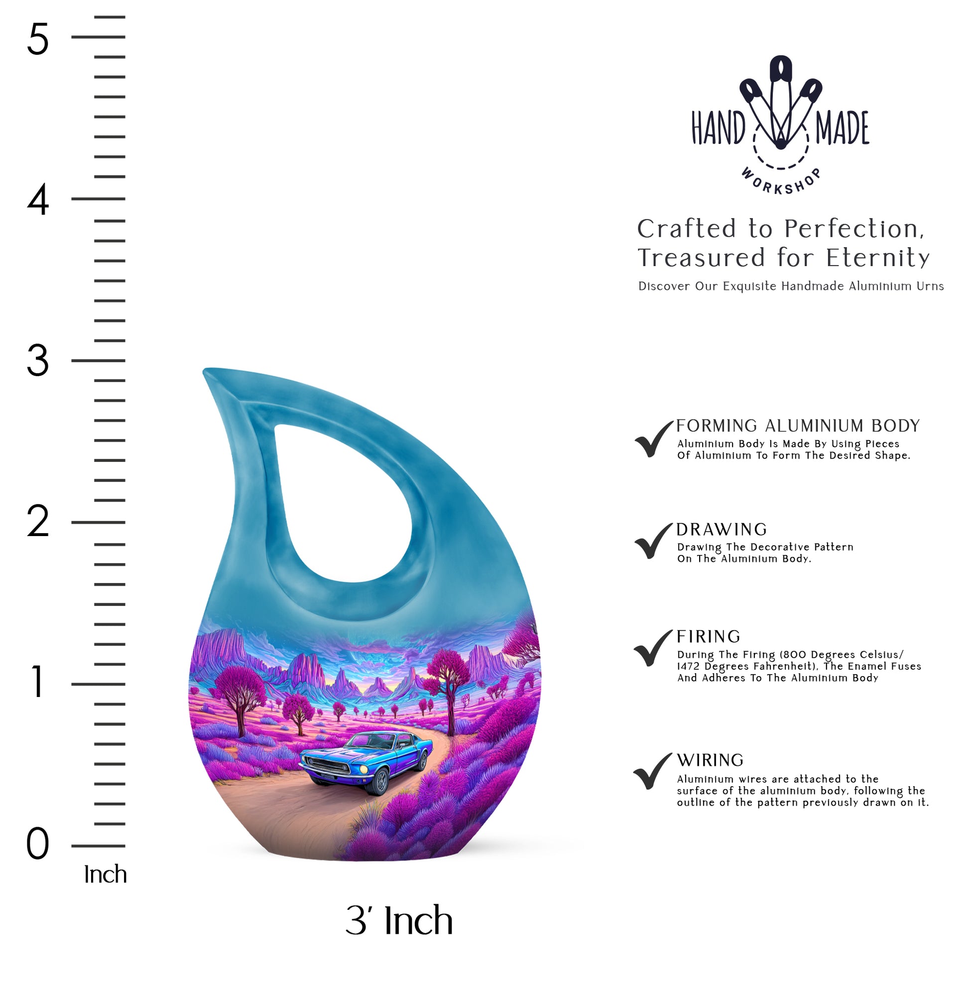 Twilight Blue Car Cremation Urn back view with polished surface - devotional cross-drop car engraving - mini keepsake memorial for portion of cremation ashes