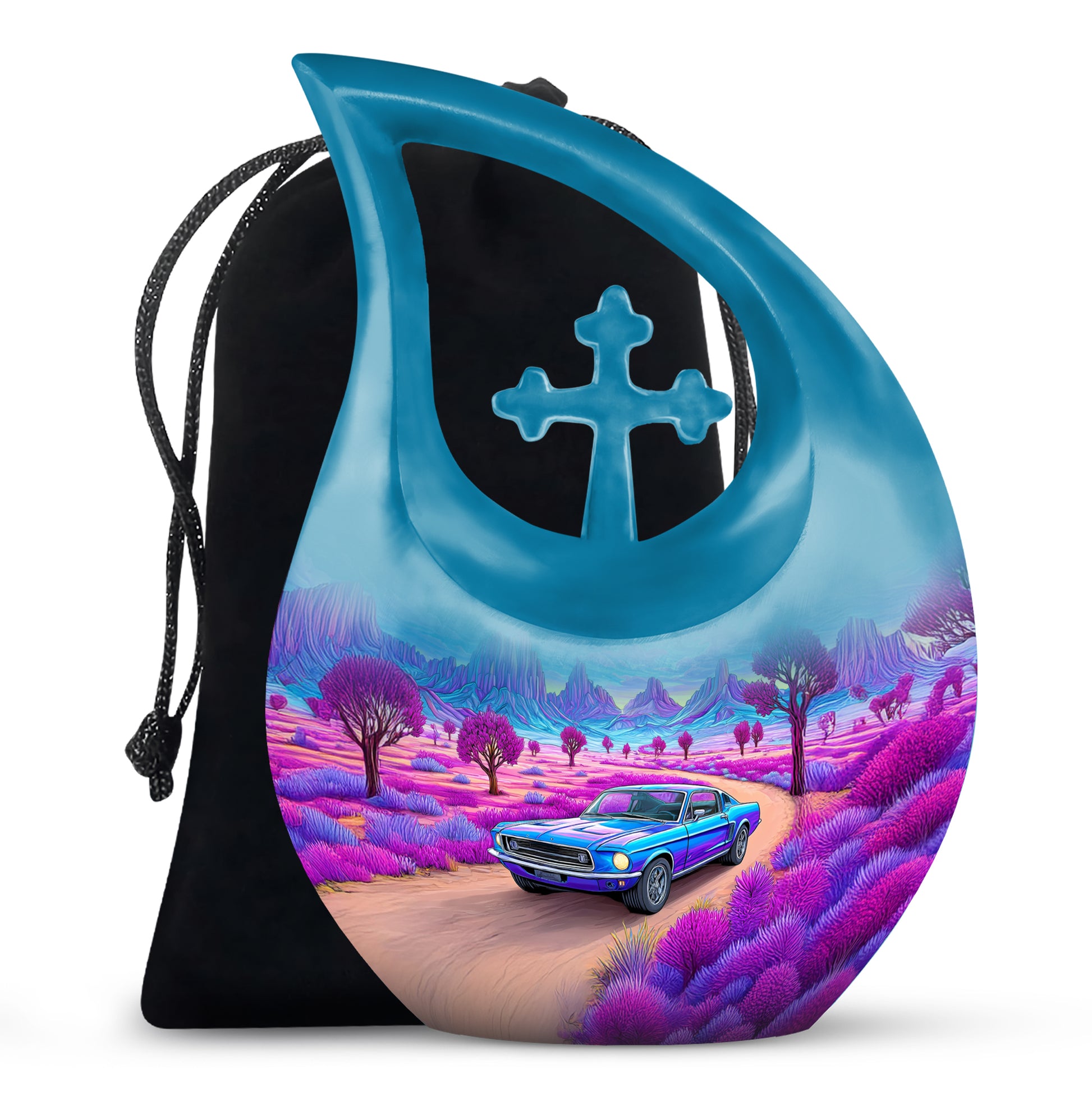 Sapphire Blue Car Cremation Urn top-down view of secure threaded lid - devotional cross-drop car engraving - full-size 10 inch 200 cubic inch adult cremation urn