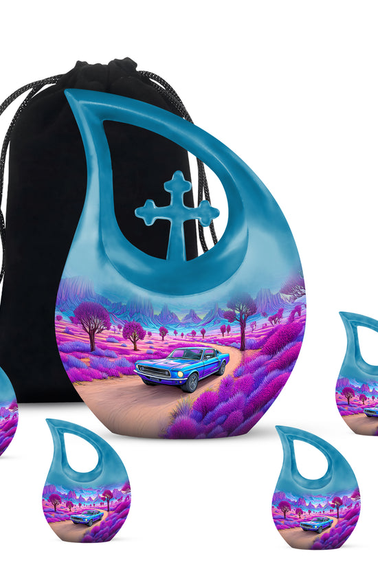 Indigo Car Cremation Urn urn with complimentary velvet bag - cross and car combined in spiritual memorial design - memorial set with one large and four small urns