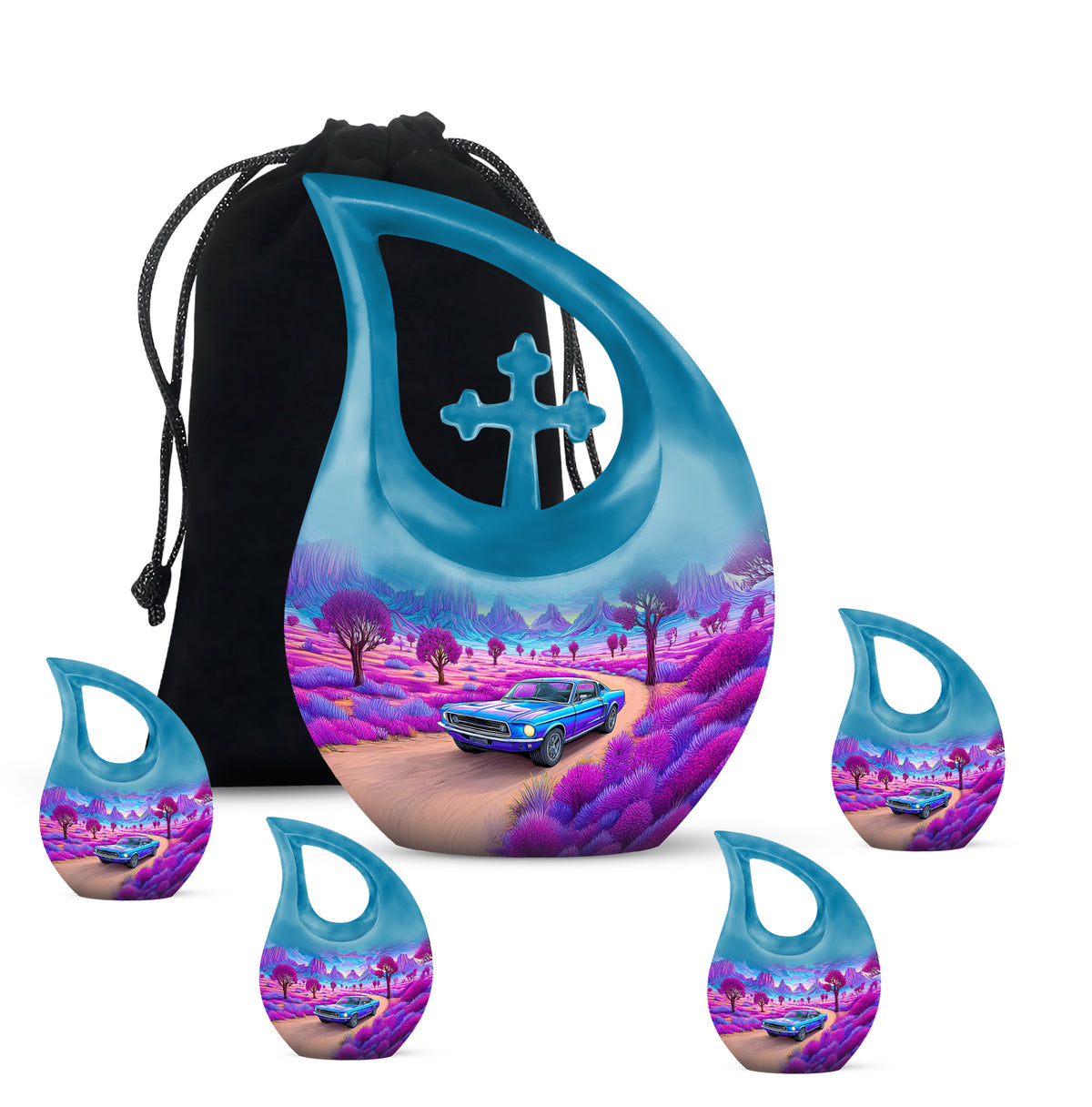 Indigo Car Cremation Urn urn with complimentary velvet bag - cross and car combined in spiritual memorial design - memorial set with one large and four small urns