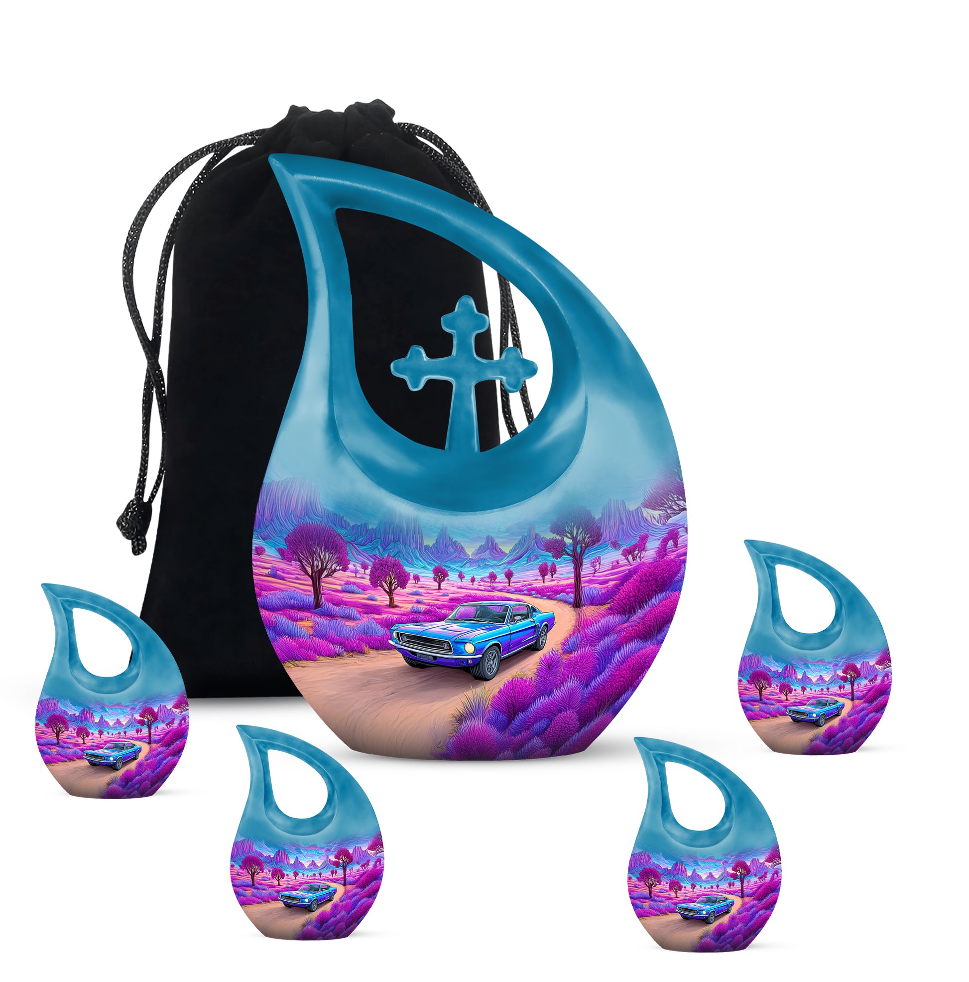 Indigo Car Cremation Urn urn with complimentary velvet bag - cross and car combined in spiritual memorial design - memorial set with one large and four small urns