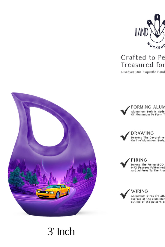 Calming Blue Car Cremation Urn back view with polished surface - faith-inspired cross-drop urn with car pattern - mini keepsake memorial for portion of cremation ashes