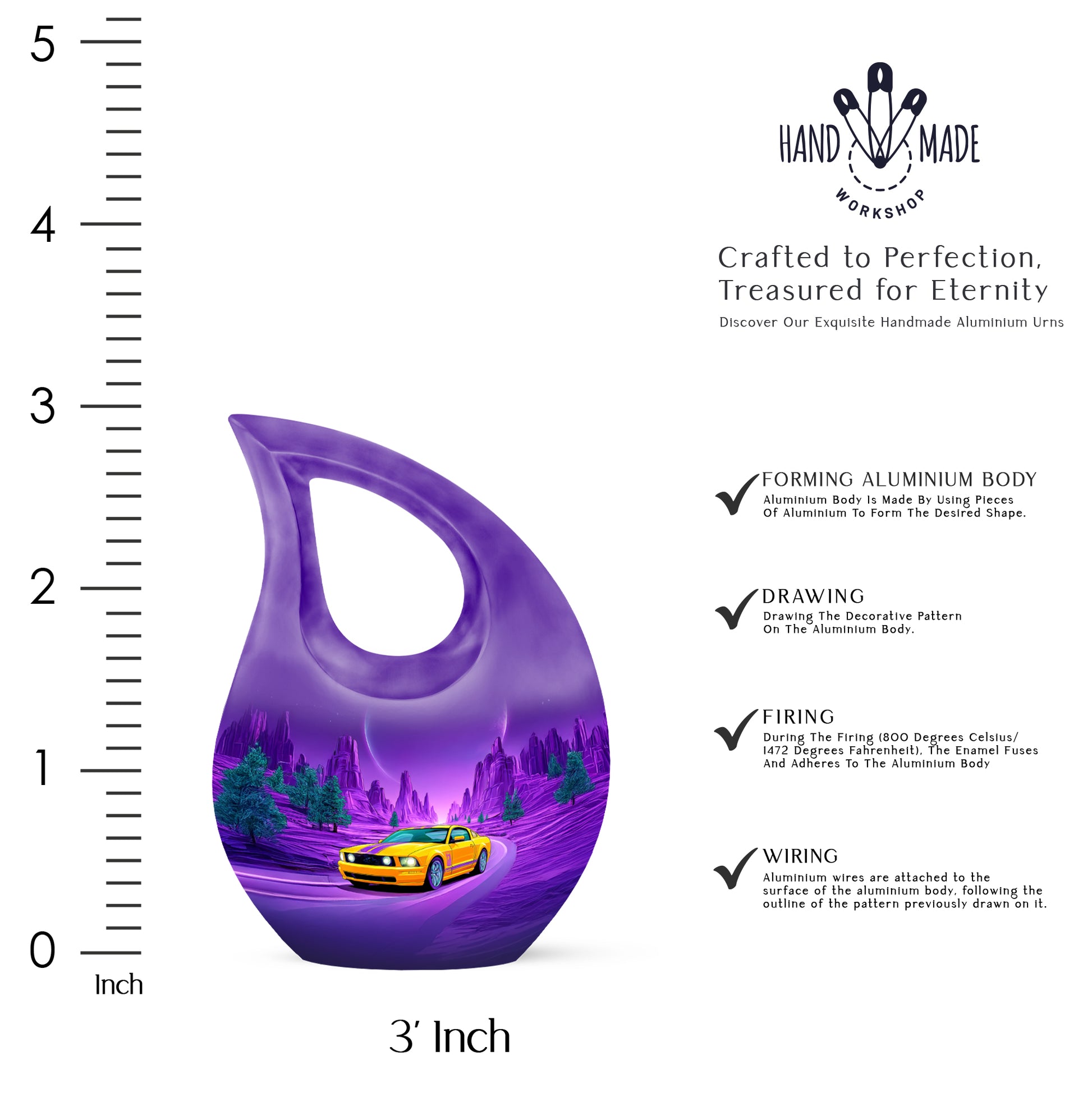 Calming Blue Car Cremation Urn back view with polished surface - faith-inspired cross-drop urn with car pattern - mini keepsake memorial for portion of cremation ashes