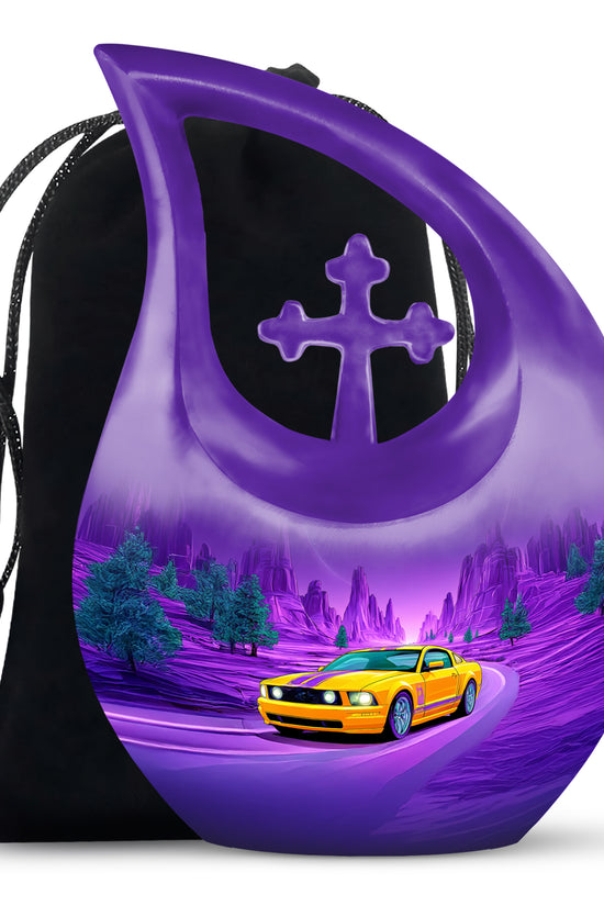 Azure Car Cremation Urn top-down view of secure threaded lid - sacred cross merged with car motif on metal - full-size 10 inch 200 cubic inch adult cremation urn