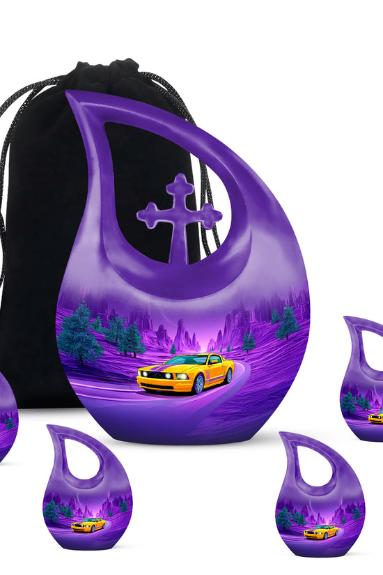Sky Blue Car Cremation Urn urn with complimentary velvet bag - cross and car combined in spiritual memorial design - memorial set with one large and four small urns