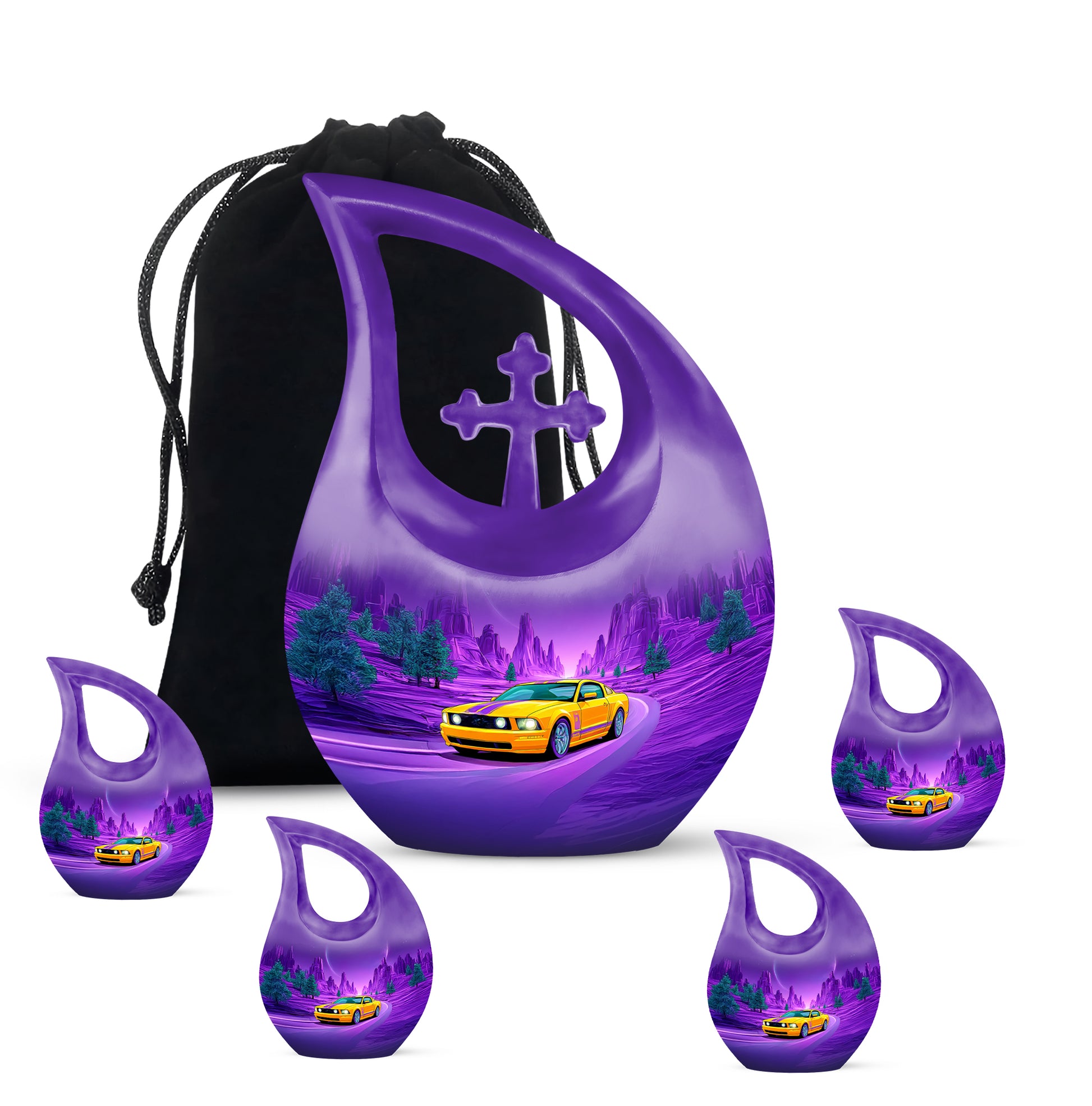 Sky Blue Car Cremation Urn urn with complimentary velvet bag - cross and car combined in spiritual memorial design - memorial set with one large and four small urns