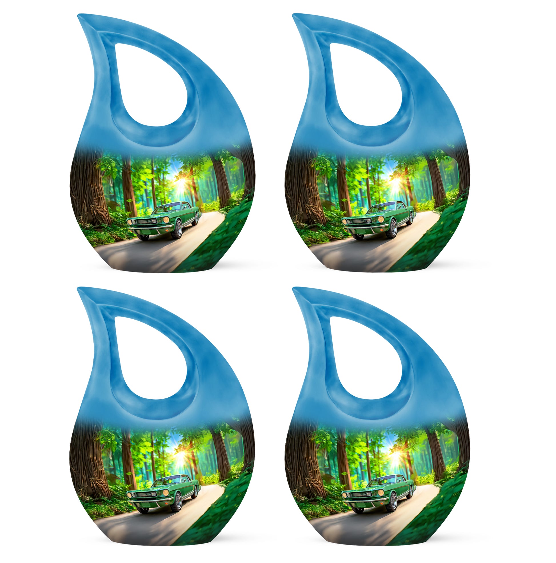 Jade Green Car Cremation Urn lifestyle display on memorial shelf - cross and car combined in spiritual memorial design - 10 inch aluminum urn for cremated remains