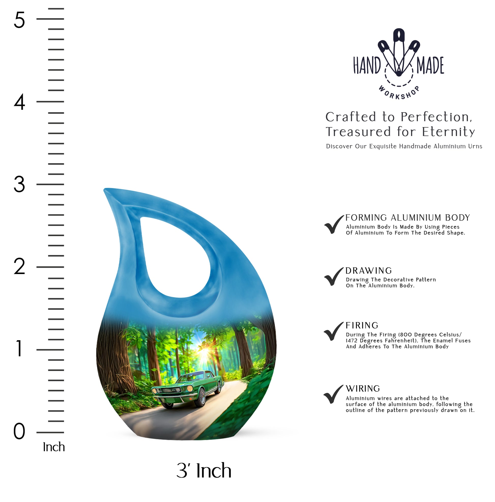 Mint Green Car Cremation Urn back view with polished surface - faith-inspired cross-drop urn with car pattern - mini keepsake memorial for portion of cremation ashes