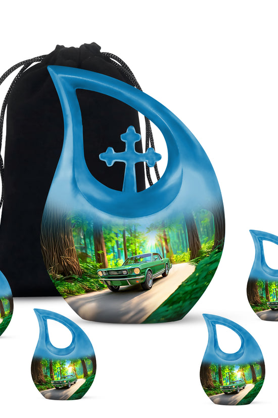 Moss Green Car Cremation Urn urn with complimentary velvet bag - sacred cross merged with car motif on metal - memorial set with one large and four small urns
