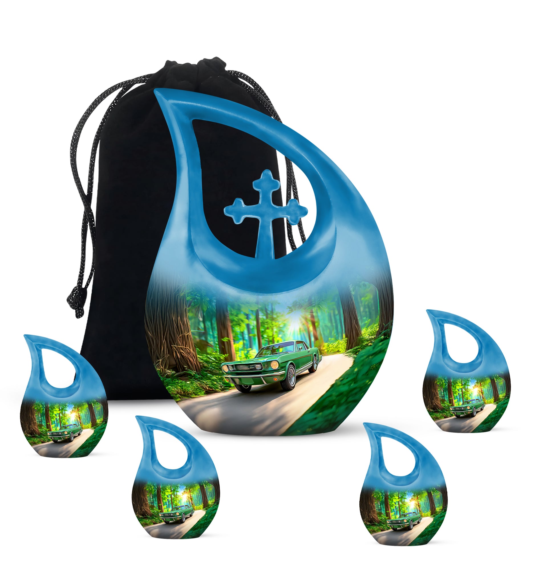 Moss Green Car Cremation Urn urn with complimentary velvet bag - sacred cross merged with car motif on metal - memorial set with one large and four small urns