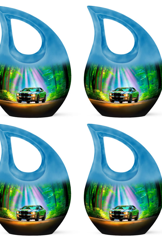 Aqua Teal Car Cremation Urn lifestyle display on memorial shelf - faith-inspired cross-drop urn with car pattern - 10 inch aluminum urn for cremated remains