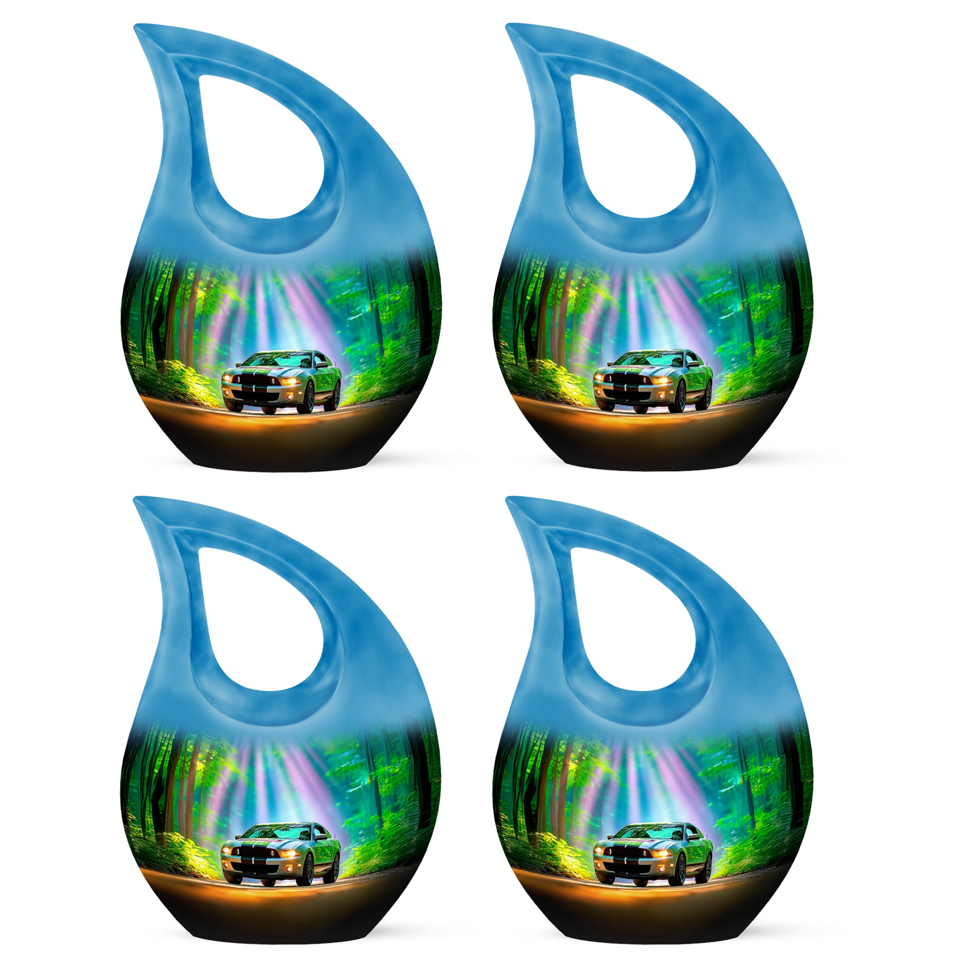 Aqua Teal Car Cremation Urn lifestyle display on memorial shelf - faith-inspired cross-drop urn with car pattern - 10 inch aluminum urn for cremated remains