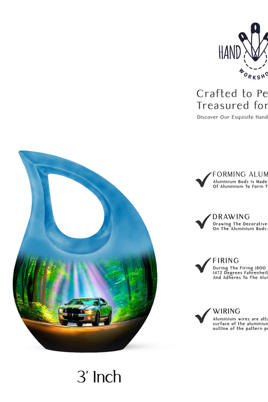 Vivid Teal Car Cremation Urn back view with polished surface - devotional cross-drop car engraving - mini keepsake memorial for portion of cremation ashes