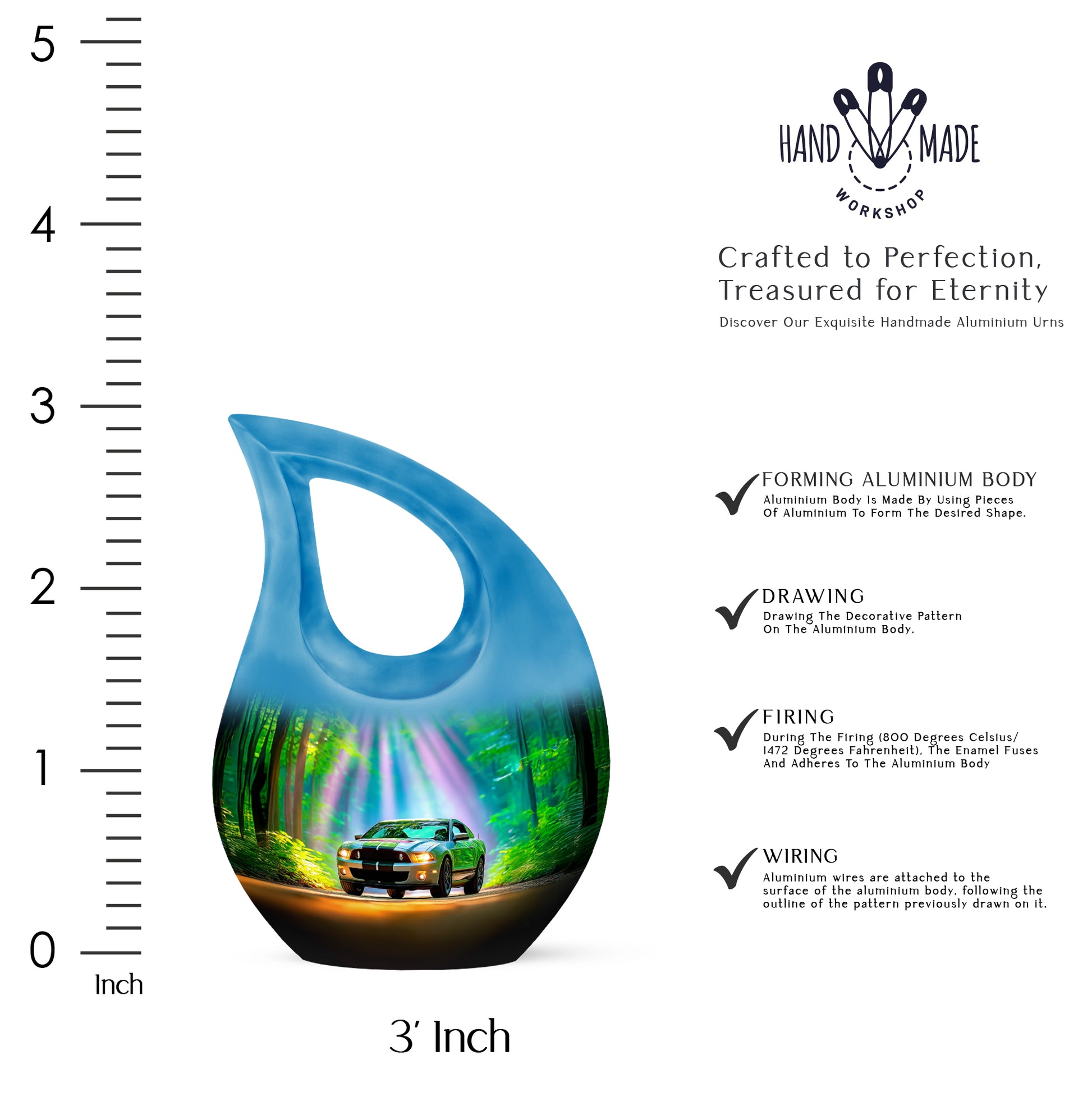 Vivid Teal Car Cremation Urn back view with polished surface - devotional cross-drop car engraving - mini keepsake memorial for portion of cremation ashes