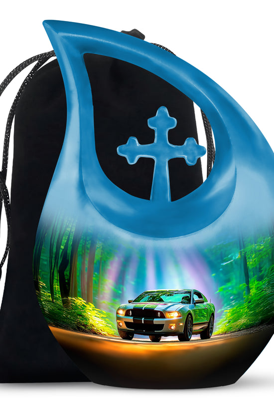 Mystic Teal Car Cremation Urn top-down view of secure threaded lid - devotional cross-drop car engraving - full-size 10 inch 200 cubic inch adult cremation urn