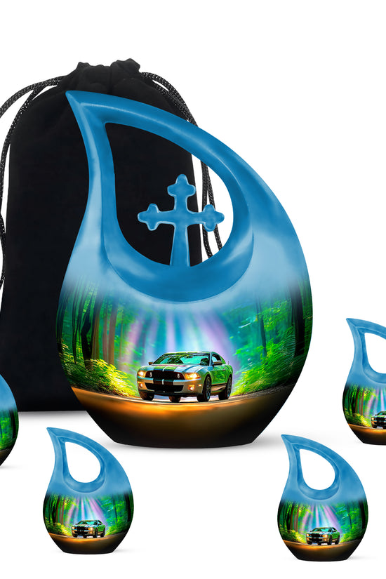 Ocean Teal Car Cremation Urn urn with complimentary velvet bag - sacred cross merged with car motif on metal - memorial set with one large and four small urns