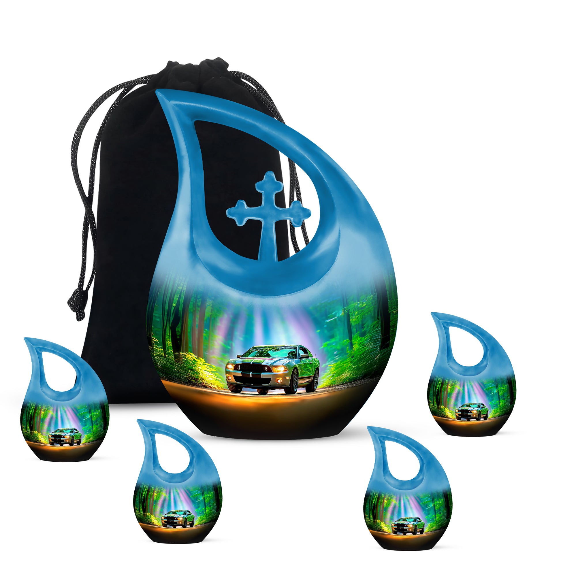 Ocean Teal Car Cremation Urn urn with complimentary velvet bag - sacred cross merged with car motif on metal - memorial set with one large and four small urns