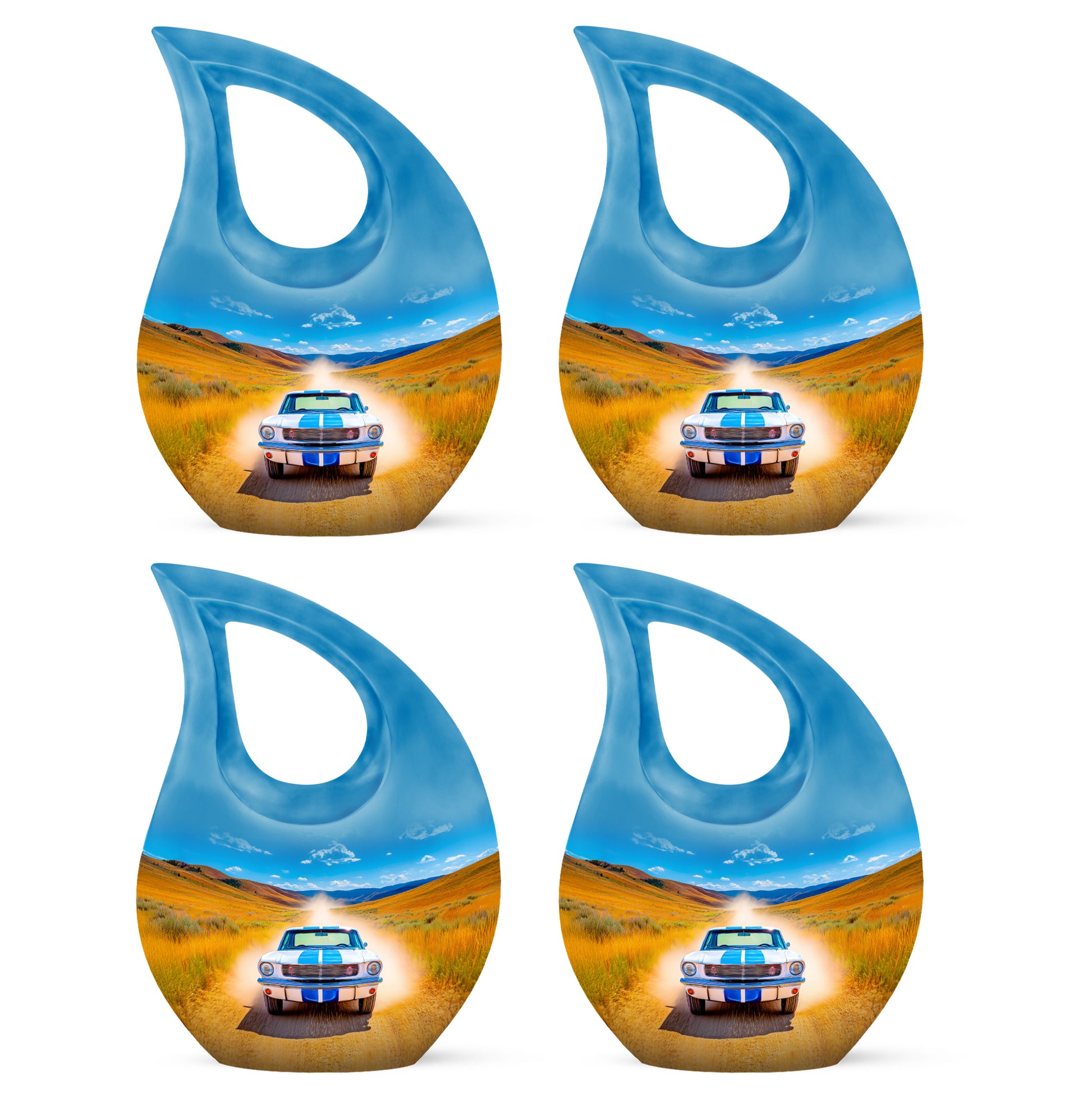 Calming Blue Car Cremation Urn lifestyle display on memorial shelf - devotional cross-drop car engraving - 10 inch aluminum urn for cremated remains