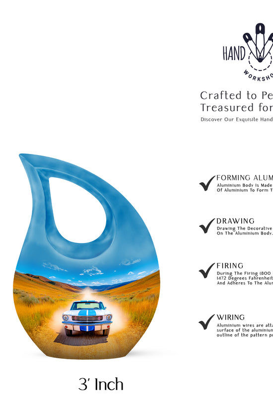 Dusty Blue Car Cremation Urn back view with polished surface - cross and car combined in spiritual memorial design - mini keepsake memorial for portion of cremation ashes