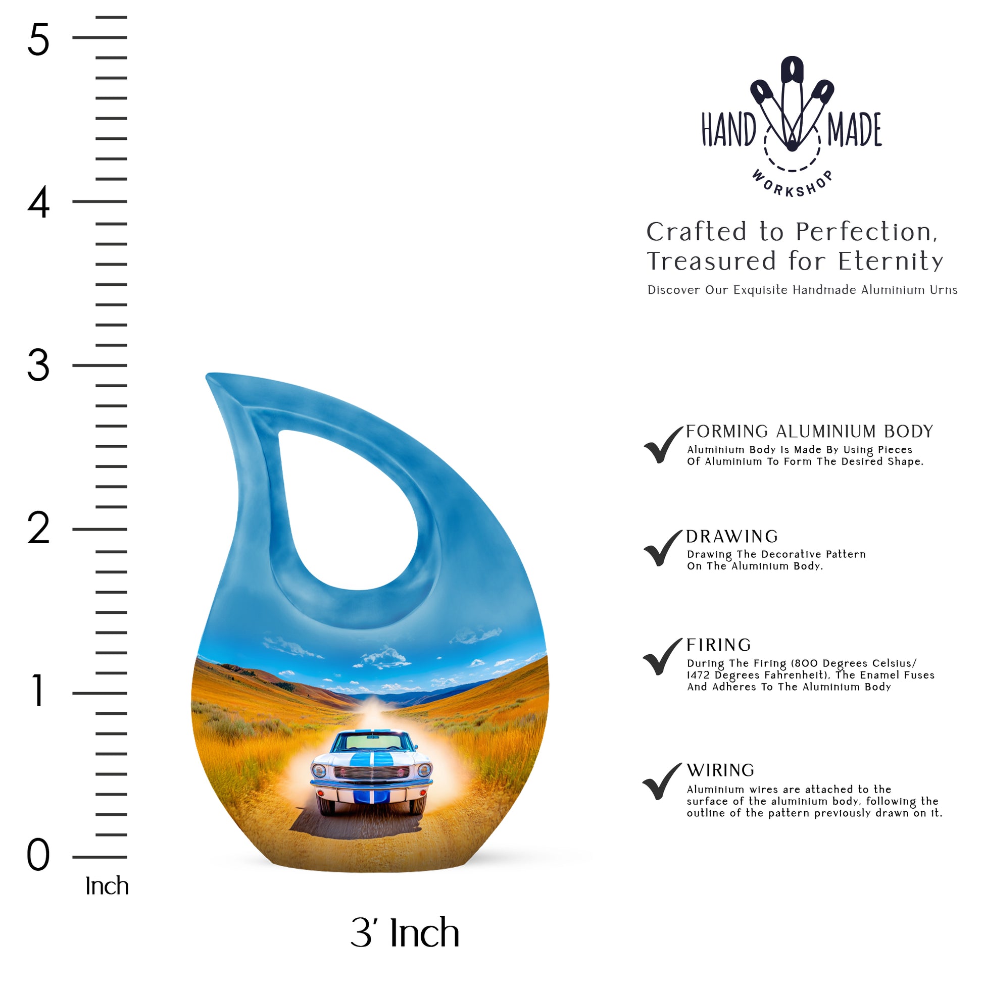 Dusty Blue Car Cremation Urn back view with polished surface - cross and car combined in spiritual memorial design - mini keepsake memorial for portion of cremation ashes