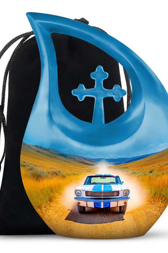 Cornflower Blue Car Cremation Urn top-down view of secure threaded lid - devotional cross-drop car engraving - full-size 10 inch 200 cubic inch adult cremation urn