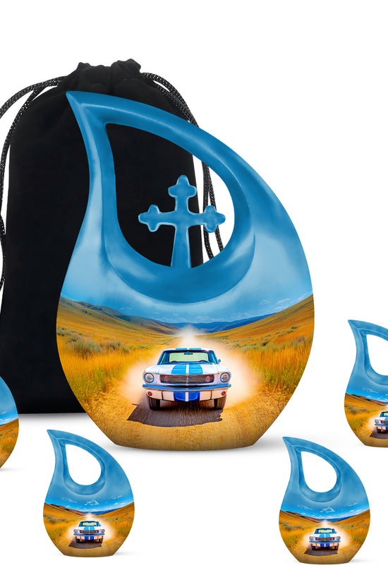 Steel Blue Car Cremation Urn urn with complimentary velvet bag - devotional cross-drop car engraving - memorial set with one large and four small urns